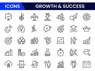 Bold vector web line icons depicting growth, success, achievement, progress, innovation, and thriving business development milestones.