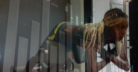Woman stepping onto bench and securing feet doing back extensions in gym with finance chart overlay - Powered by Adobe