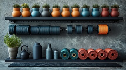Naklejka premium Shelves holding exercise equipment & plants