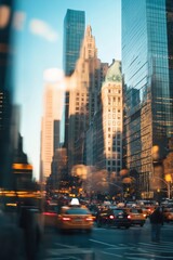 Blurred traffic and skyscrapers reflecting golden hour light in new york city