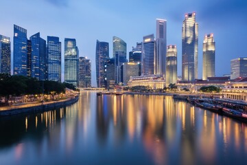 Singapore skyline reflecting in the water at dusk