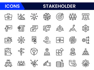 Concise vector web line icons illustrating stakeholder engagement, collaboration, influence, communication, and strategic partnerships in business ecosystems.