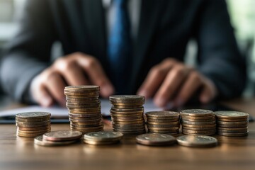 Businessman calculating income from growing stacks of coins