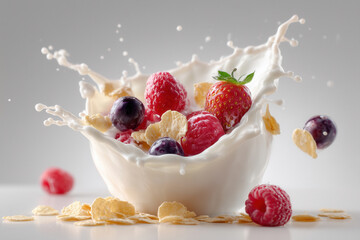 Milk splashes dramatically as cereal flakes and berries collide in high speed capture. Clean white backdrop enhances vibrant colors. Concept of food photography, breakfast industry, culinary arts
