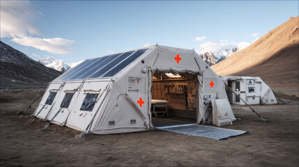 Modular field hospital tent equipped with solar panels in a remote mountain setting, designed for emergency medical care in rugged terrains — ai generative.