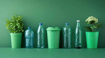 Recycling theme.  Green containers and plants