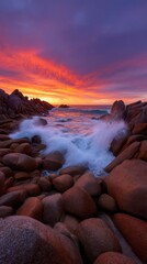Vivid sunset over ocean waves crashing against coastal rocks creating dynamic landscape