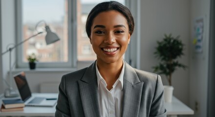 Professional woman smiling in modern office business environment portrait positive atmosphere empowerment concept
