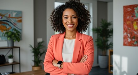 Empowered businesswoman smiling in modern office professional environment confident viewpoint career motivation