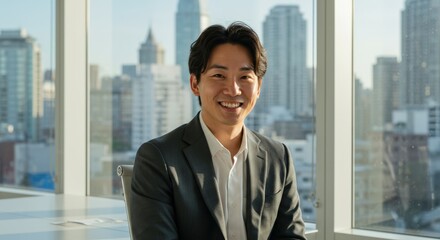 Professional man smiling in office urban cityscape portrait bright interior warm atmosphere for career inspiration