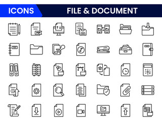 Minimalist vector web line icons representing file management, documents, organization, digital storage, and efficient data handling processes.