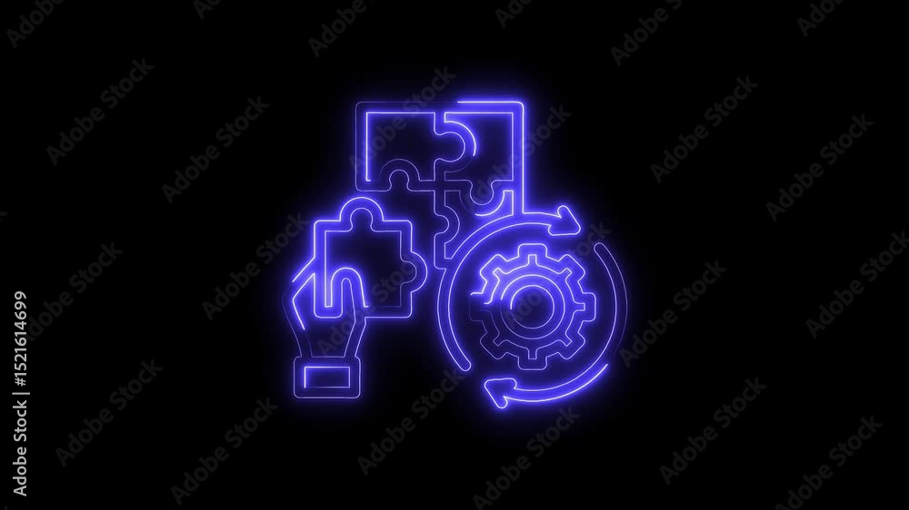 Poster neon style animation of puzzle piece solution with gear mechanism for business operations