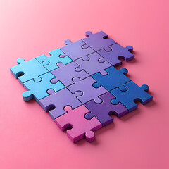 Colorful puzzle pieces arranged on a pink surface forming a nearly complete square