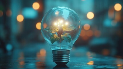Glowing plant in a lightbulb; urban bokeh
