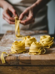 Handcrafted pasta rolls on a wooden surface, showcasing the art of culinary creation in a cozy kitchen setting