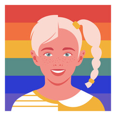 Portrait of happy boy and girl. Avatar of smiling non-binary children. Gender socialization. LGBTQIA. Vector flat illustration