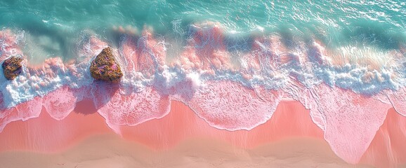 Obraz premium Aerial view of a pink beach with turquoise water and waves