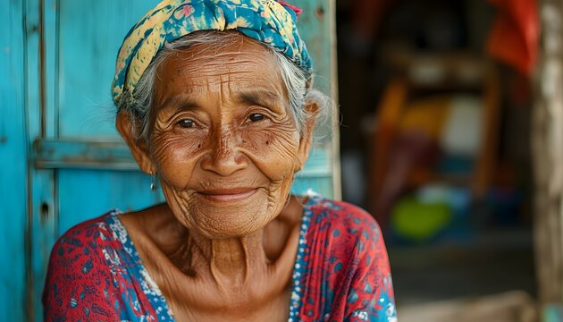A smiling senior woman with a traditional headwrap.