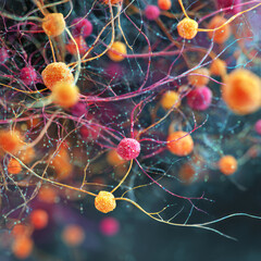 Colorful nanobot structures navigating a complex capillary network with neural-like branching, representing microscopic biotech and medical innovation — ai generative.