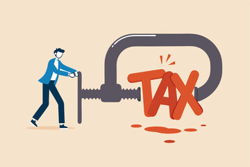 Tax payment reduction, government policy, income tax optimization and wealth management concept, professional wealth manager businessman using clamping to squeeze the word tax metaphor of reduction.