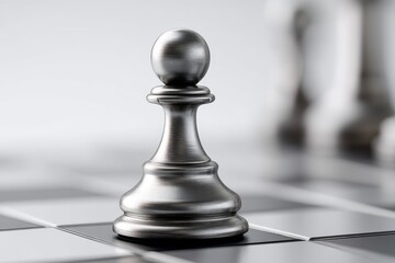 Chess pawn stands alone on a white square amidst a strategic backdrop, embodying minimalism and contemplation