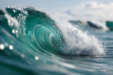 Majestic ocean wave curls with vibrant emerald hues, capturing the raw power of nature in golden sunlight