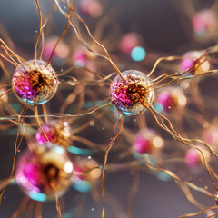 Glass-like nanobots with golden filaments form a neural web within a capillary network, symbolizing advanced biotechnology and microscopic robotics — ai generative.