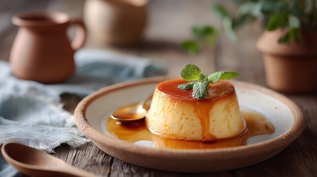 Classic Spanish flan with golden caramel sauce on a ceramic plate, captured in natural light on a rustic wooden table.