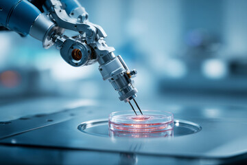 Precision robotic arm with dual micro-needles working on a synthetic cornea in a petri dish under sterile lab lighting, futuristic biotech research — ai generative.