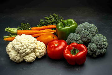 Fresh organic vegetables arrangement: peppers, carrots, tomatoes, broccoli and cauliflower on dark background