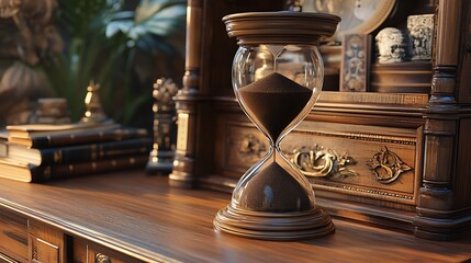 A vintage-style hourglass with dark brown sand placed on a polished wooden desk with a rustic vibe