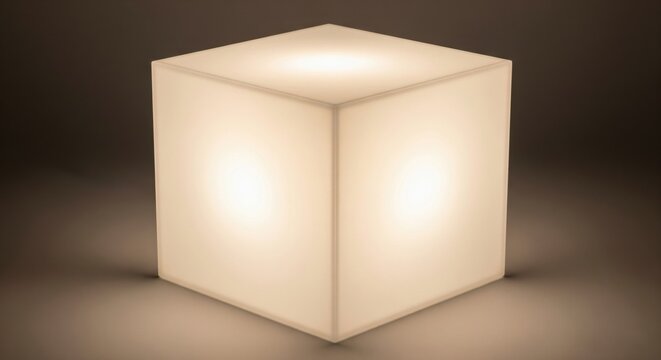 glowing white cube light with soft warm illumination on dark background
