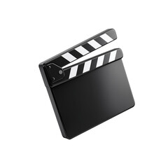 A black and white film clapperboard with stripes on a white background in a studio setting image