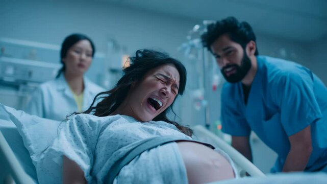 A pregnant Asian woman is in labor at the hospital, with a nurse by her side.