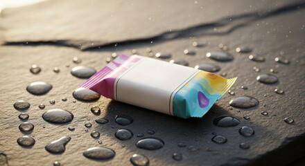 Colorful wrapped snack bar on wet stone surface with water drops