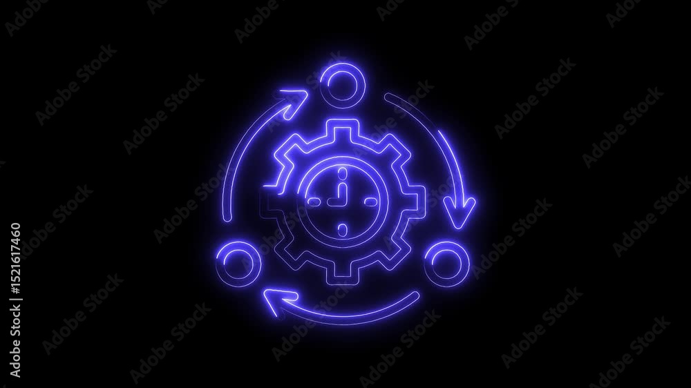 Poster neon process time management with rotating arrows and cogwheel on a dark background
