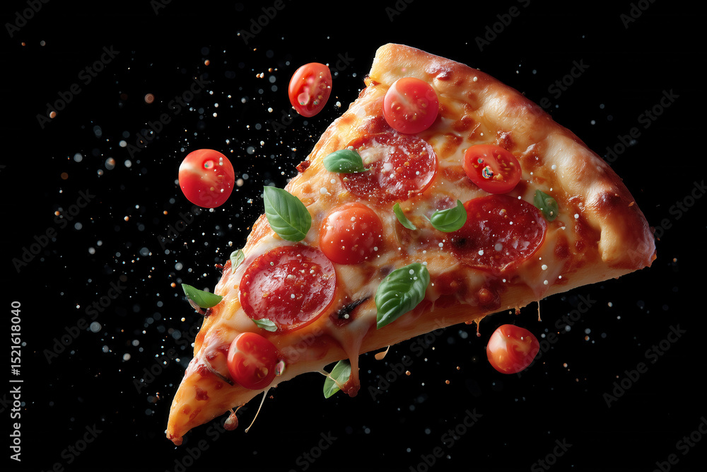Poster pepperoni pizza slice spins with toppings exploding around in studio setting. dark background enhanc