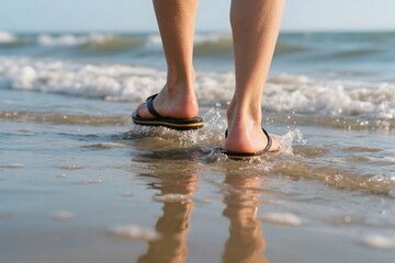 Feet in flip flops walking through shallow beach water, captured from low angle with gentle waves and clear reflections, cinematic and tranquil summer momen