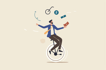 Financial advisor, professional investment expertise concept, smart businessman investor juggling finance asset, real estate, currency, gold, saving and stock market graph riding unicycle one wheel.