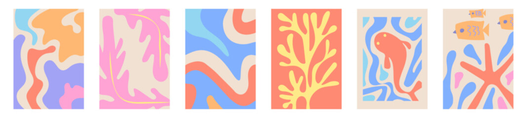 Set of vertical background art modern minimalist summer autumn and spring design with abstract symbols. in retro color template for creative concepts, cards, posters, banners, print, label, brand.