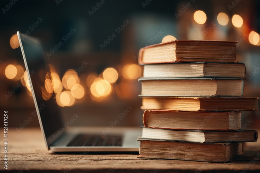 Poster stack of old books with a modern laptop on a wooden table under warm lights, creating a cozy atmosph