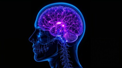 Human head with visible brain structure and spinal cord in blue on a black background on transparent background silhouette