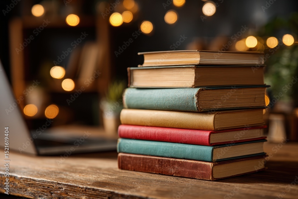 Poster a cozy reading nook with a stack of vintage books and soft bokeh lights creating a warm and inviting