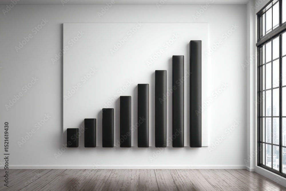 Aufkleber a black bar graph showing growth and progress displayed on a white wall next to a large window, crea