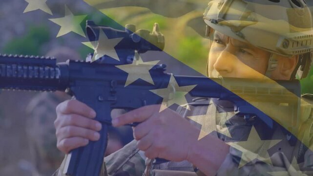 Soldier seating rifle magazine charging bolt and aiming scope for live-fire prep with flag overlay