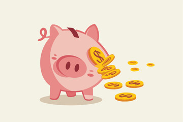 Money loss from investment failure, bad habit problem in personal finance, debt crisis or inflation money reduction concept, depress sadness broken pink piggy bank with money dollar coins pouring out.