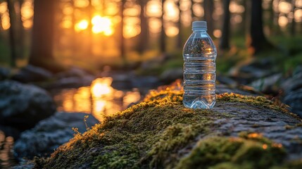 Clear plastic water bottle on mossy rock, sunset forest backdrop