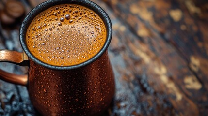 Copper mug of coffee with water droplets