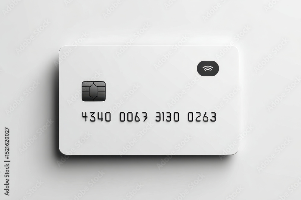 Poster a close-up studio shot of a clean, modern white credit card with chip and nfc symbol, and the number
