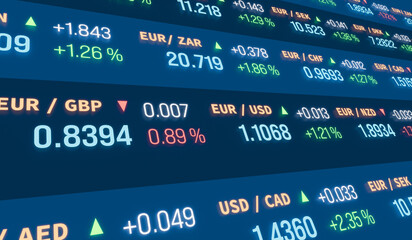 Obraz premium Currency trading, ticker board, Euro, Canadian dollar, US dollar, British pound. Currencie quotes on the screen. Stock market and exchange cpncept. 3D illusttration.